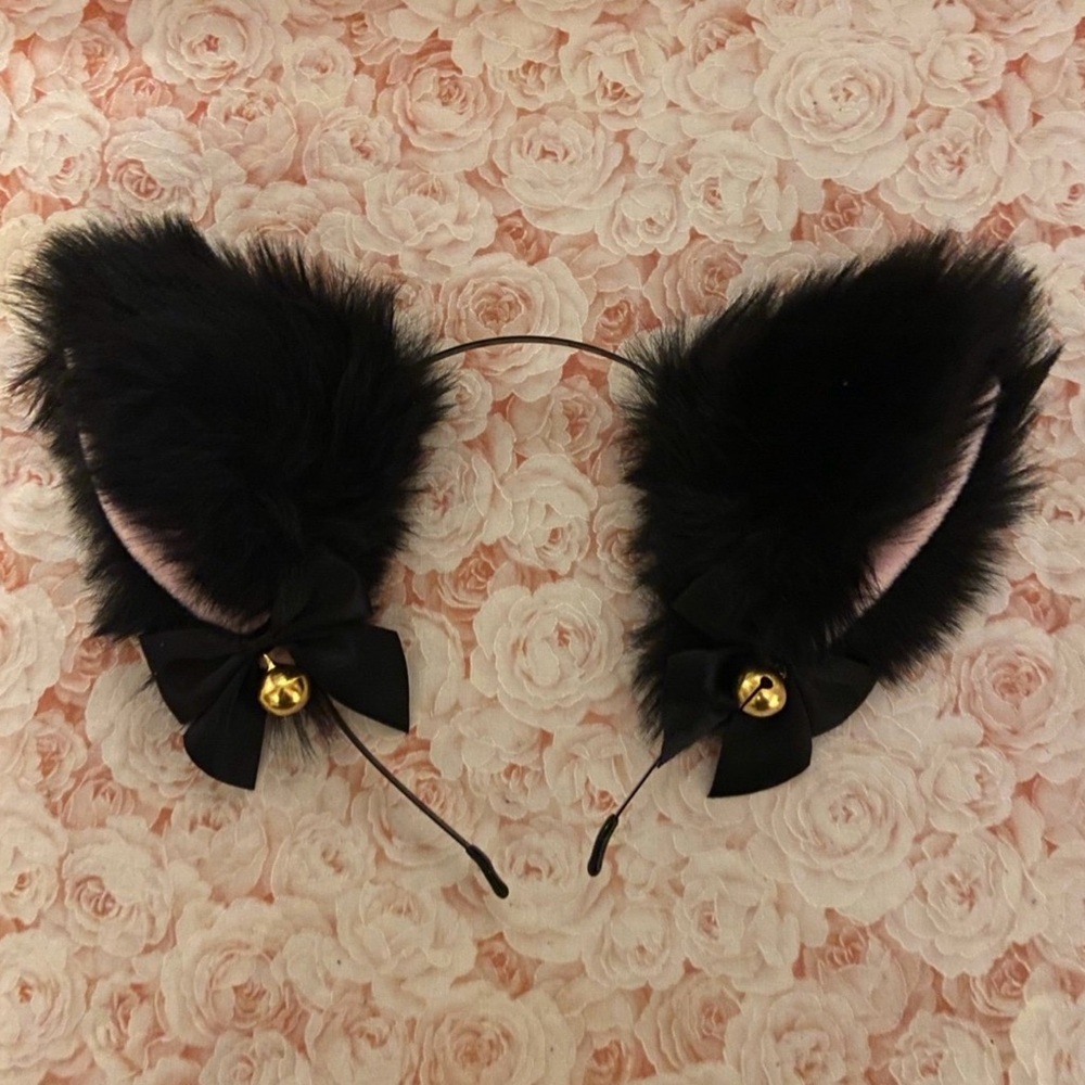 Black Furry Cat Ear Headband with Bow and Bell